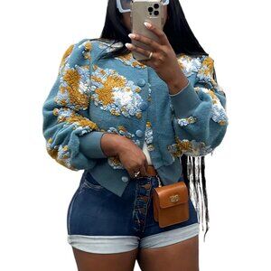 Women's Cropped Floral Print Jacket Long Sleeve Fleece Warm Bomber Jacket Blue